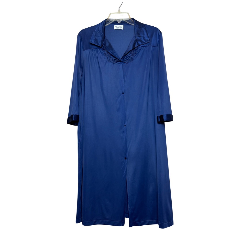 80s Vanity Fair Robe Women Medium Blue Vintage Embroidered Button Front Made USA